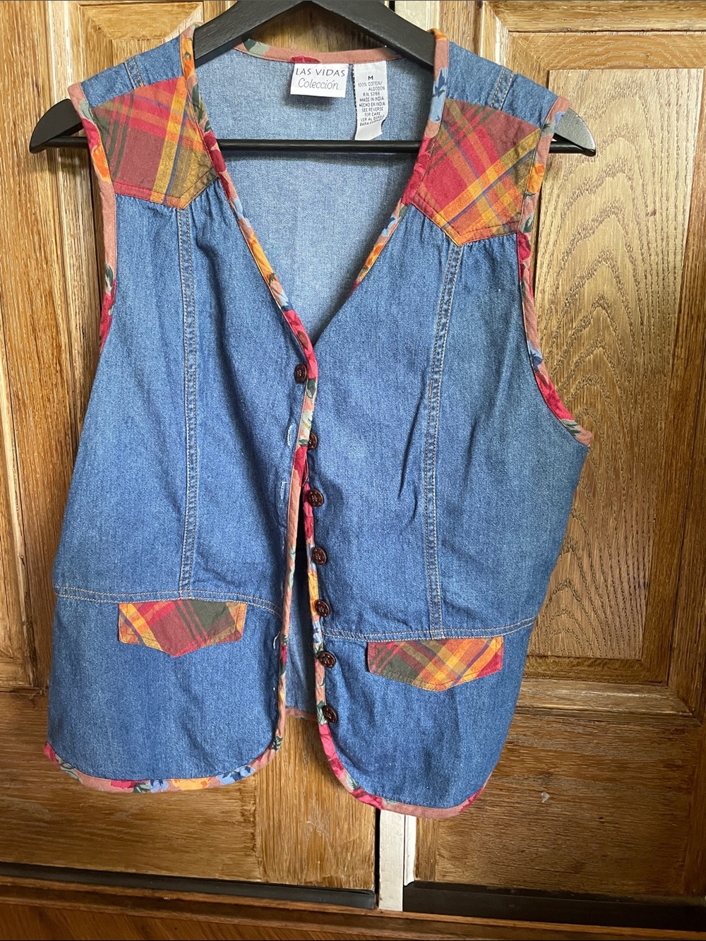 Vintage Las Vidas Denim Vest with Orange Plaid Trim